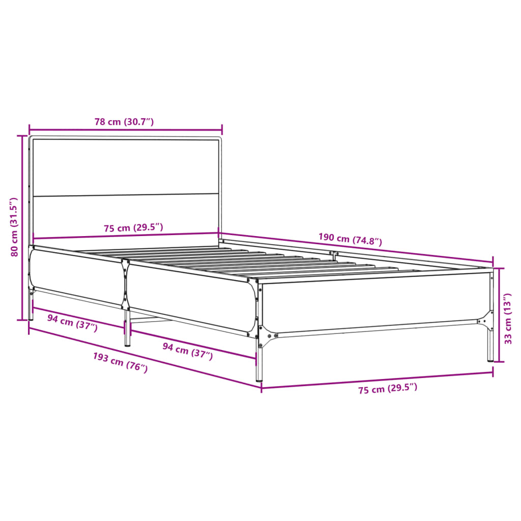 Bettgestell Sonoma-Eiche 75x190 cm Holzwerkstoff und Metall