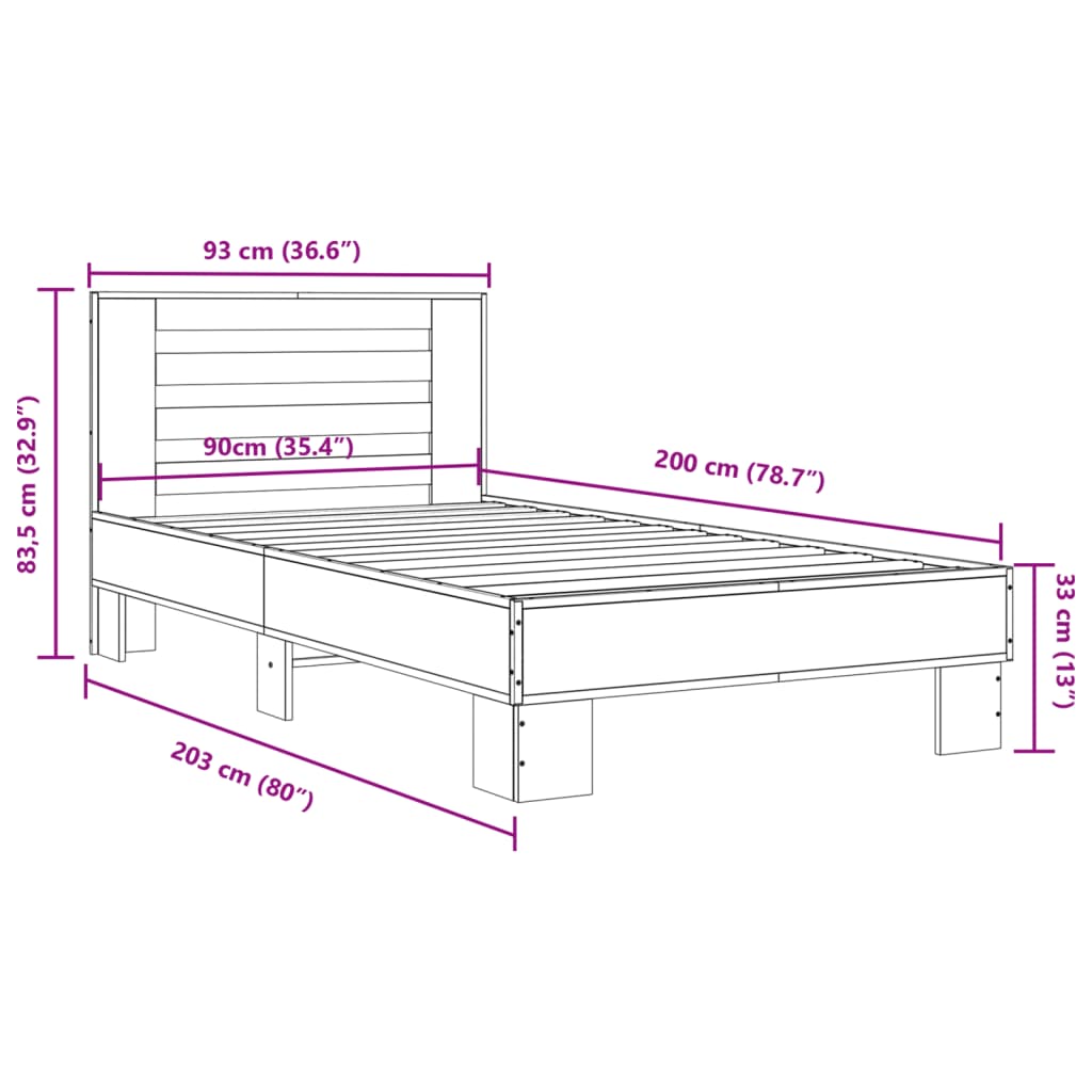 Bettgestell Braun Eichen-Optik 90x200 cm Holzwerkstoff Metall