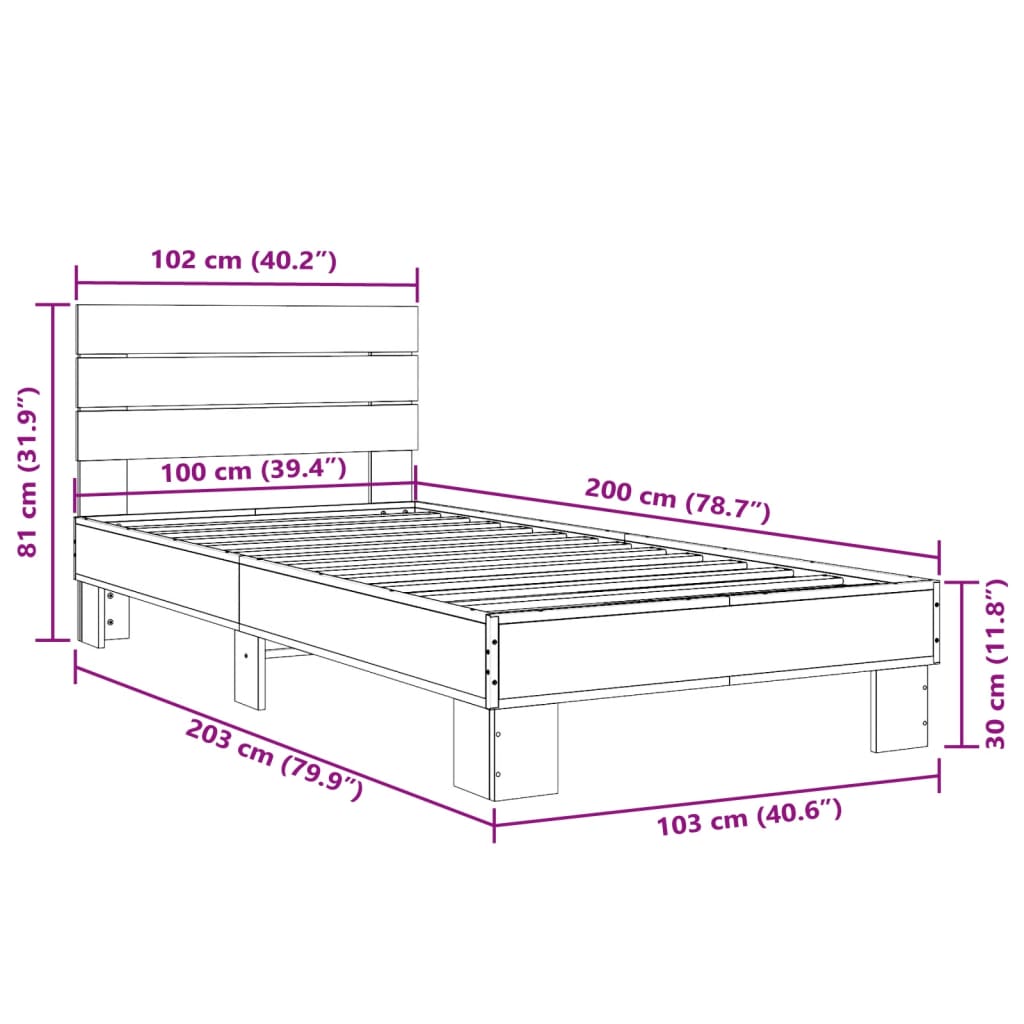 Bettgestell Grau Sonoma 100x200 cm Holzwerkstoff und Metall