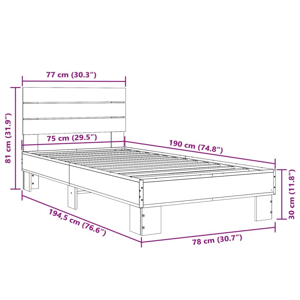 Bettgestell Braun Eichen-Optik 75x190 cm Holzwerkstoff Metall