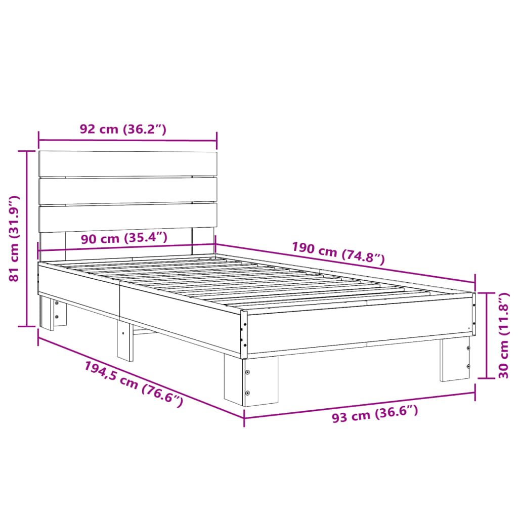 Bettgestell Grau Sonoma 90x190 cm Holzwerkstoff und Metall