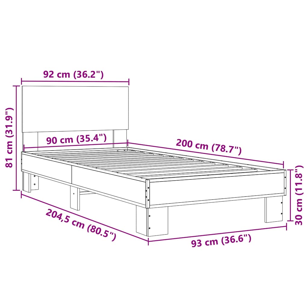 Bettgestell Grau Sonoma 90x200 cm Holzwerkstoff und Metall