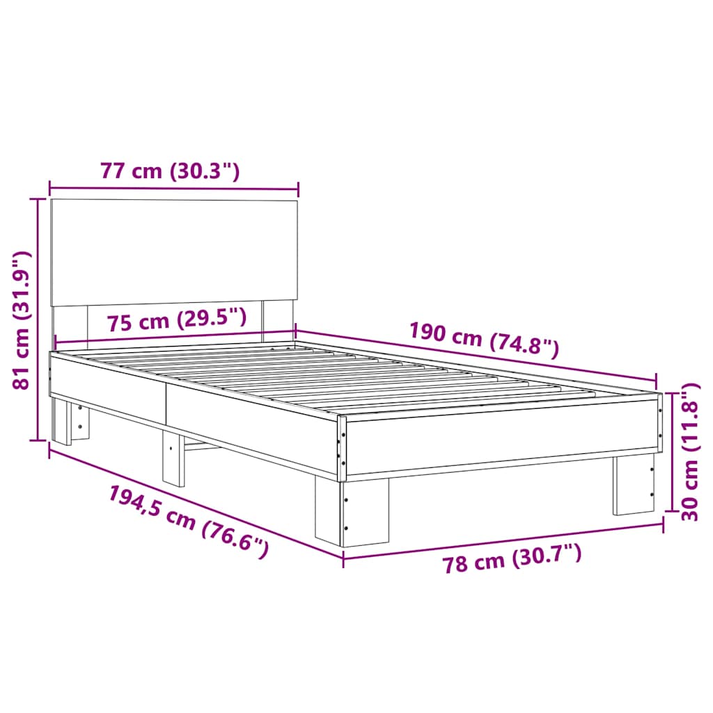 Bettgestell Grau Sonoma 75x190 cm Holzwerkstoff und Metall