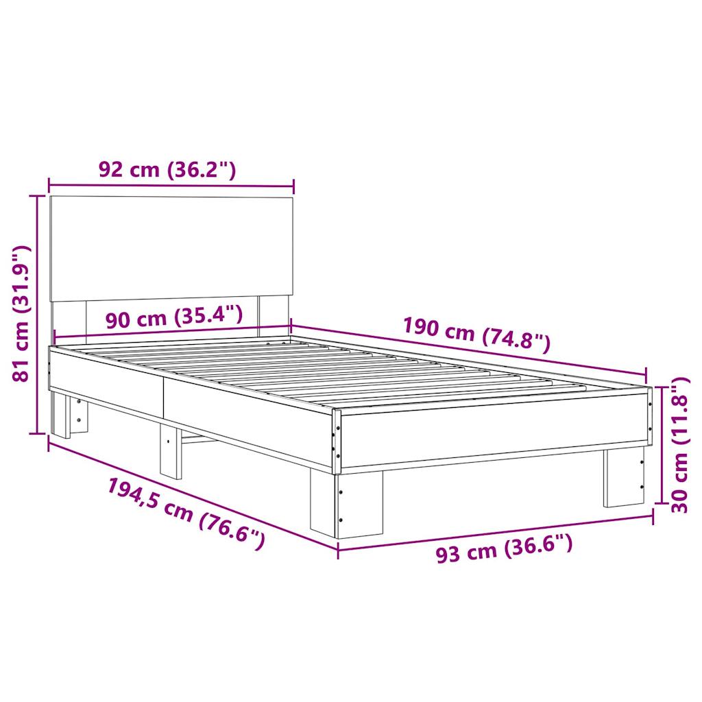 Bettgestell Grau Sonoma 90x190 cm Holzwerkstoff und Metall