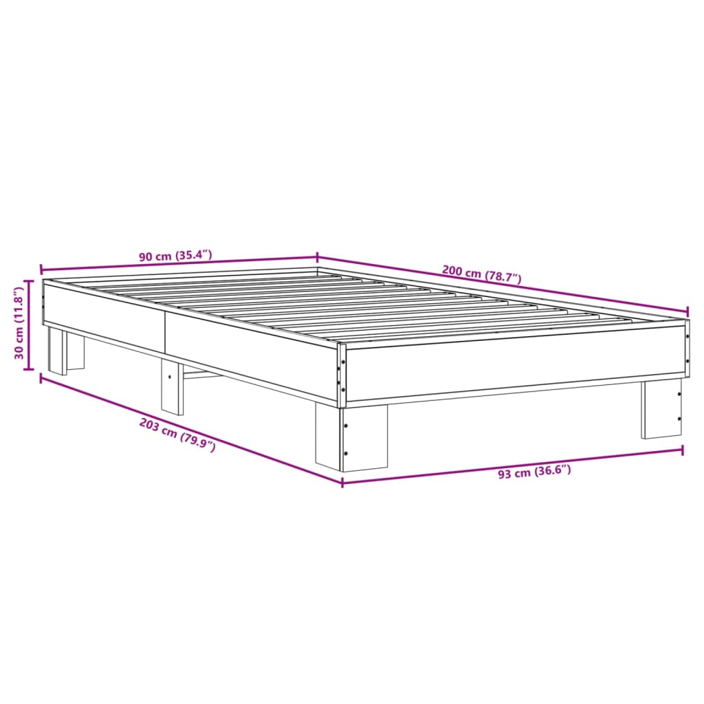 Bettgestell Grau Sonoma 90x200 cm Holzwerkstoff und Metall