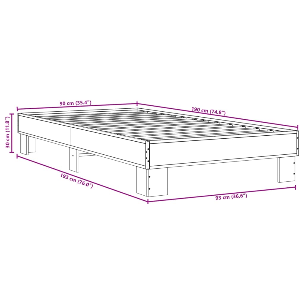 Bettgestell Grau Sonoma 90x190 cm Holzwerkstoff und Metall