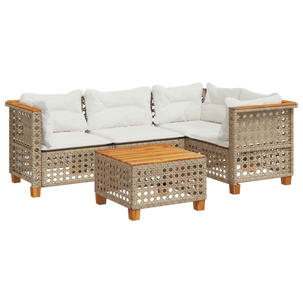 5-tlg. Garten-Sofagarnitur mit Kissen Beige Poly Rattan