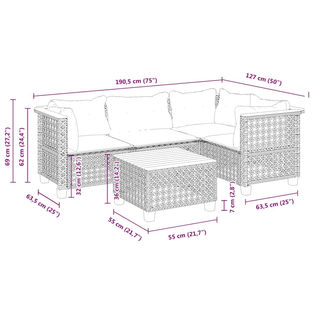 5-tlg. Garten-Sofagarnitur mit Kissen Beige Poly Rattan