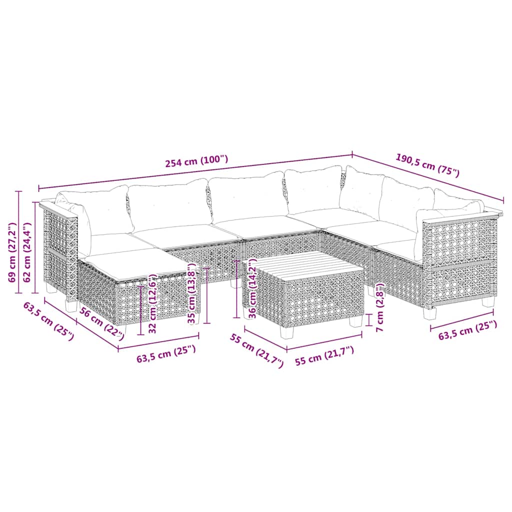 8-tlg. Garten-Sofagarnitur mit Kissen Beige Poly Rattan