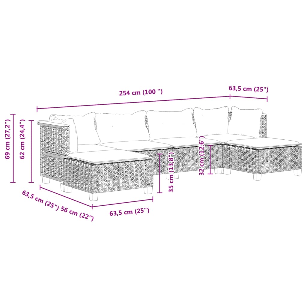 6-tlg. Garten-Sofagarnitur mit Kissen Schwarz Poly Rattan