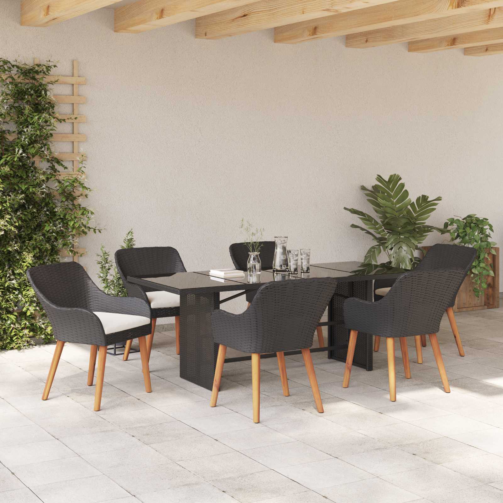 Garten Essgruppe mit Kissen 7 pcs Schwarz Poly-Rattan