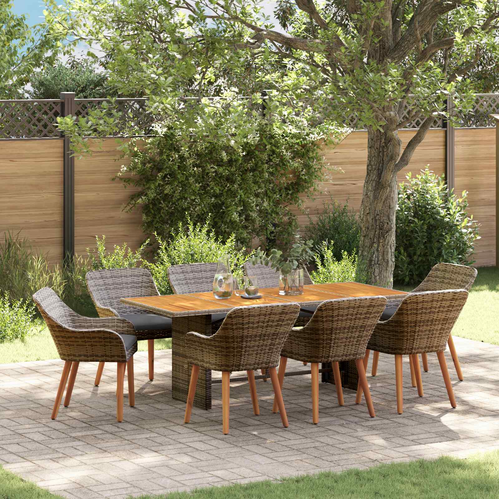Garten Essgruppe mit Kissen 9 pcs Grau Poly-Rattan