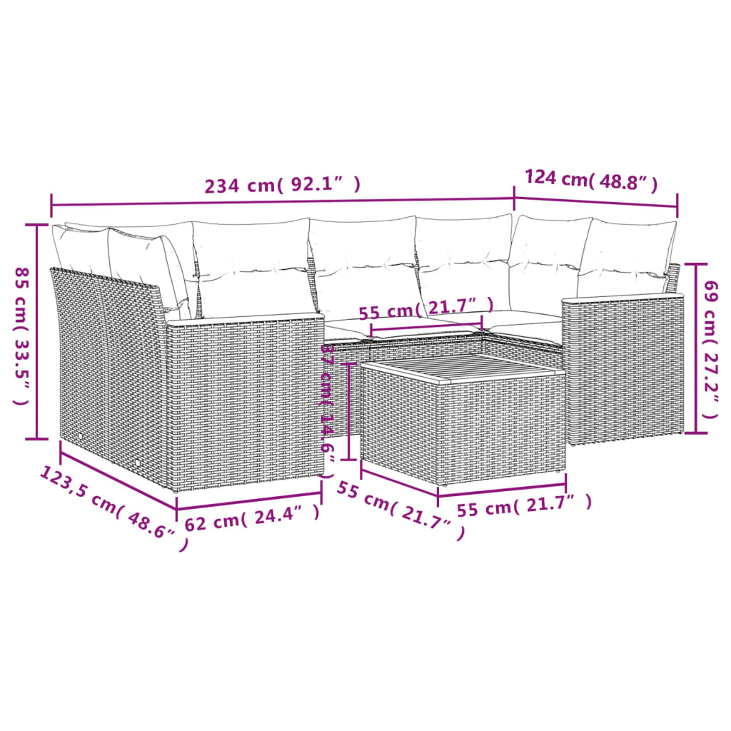 7-tlg. Garten-Sofagarnitur mit Kissen Beige Poly Rattan