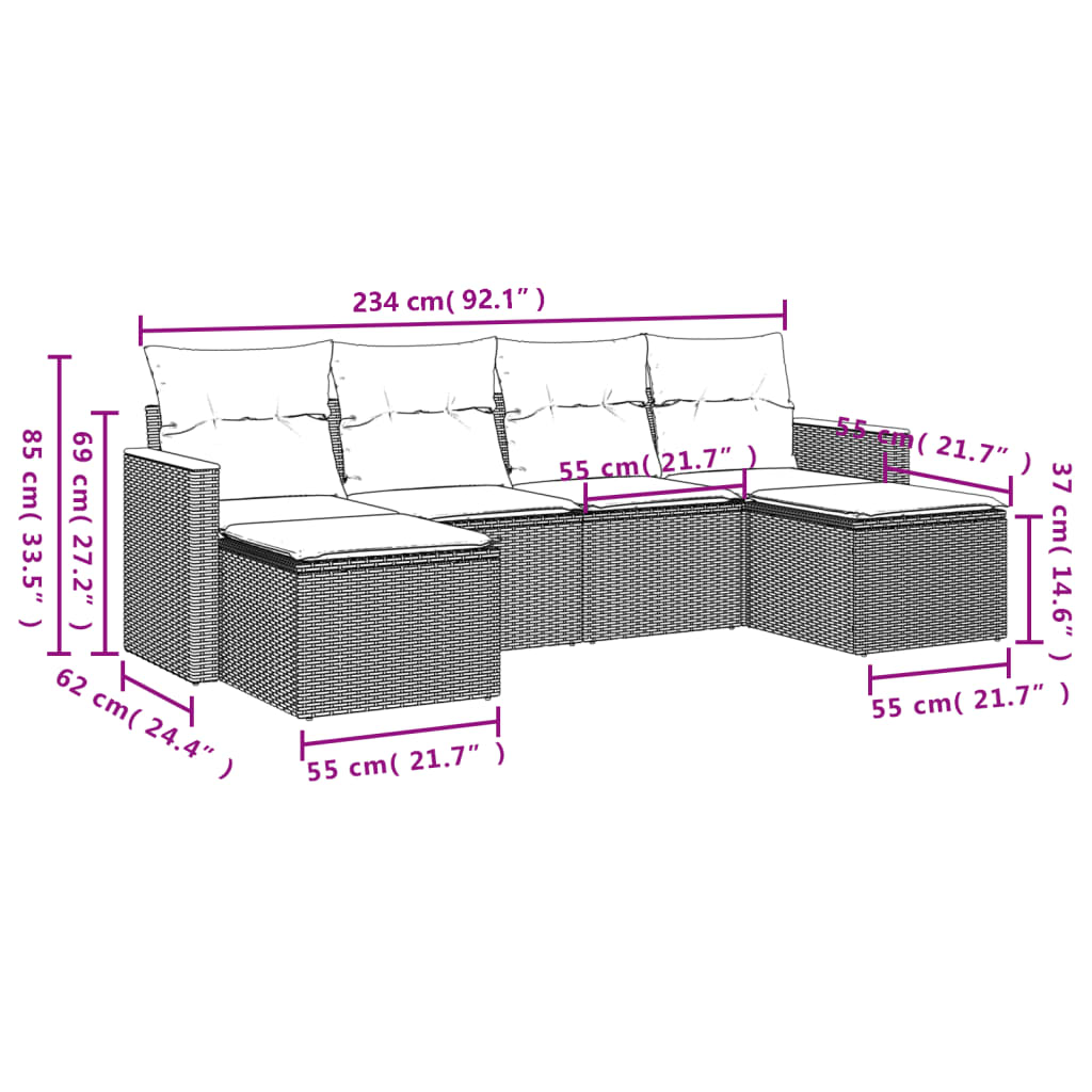 6-tlg. Garten-Sofagarnitur mit Kissen Schwarz Poly Rattan