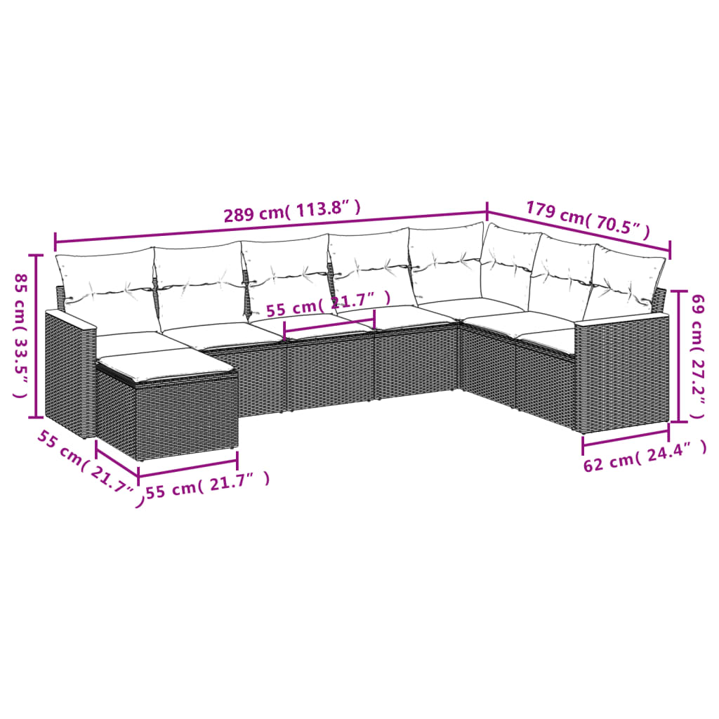 8-tlg. Garten-Sofagarnitur mit Kissen Beige Poly Rattan