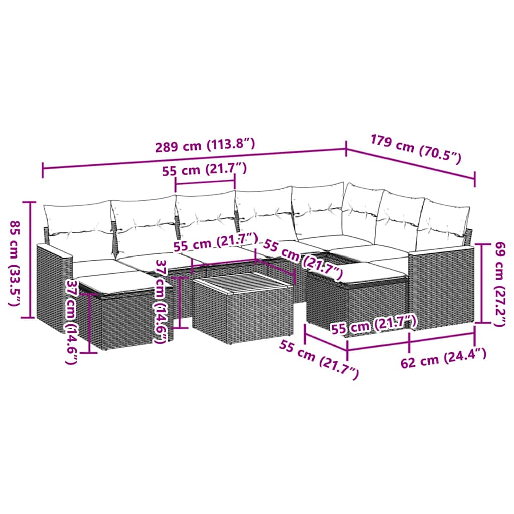 10-tlg. Garten-Sofagarnitur mit Kissen Grau Poly Rattan