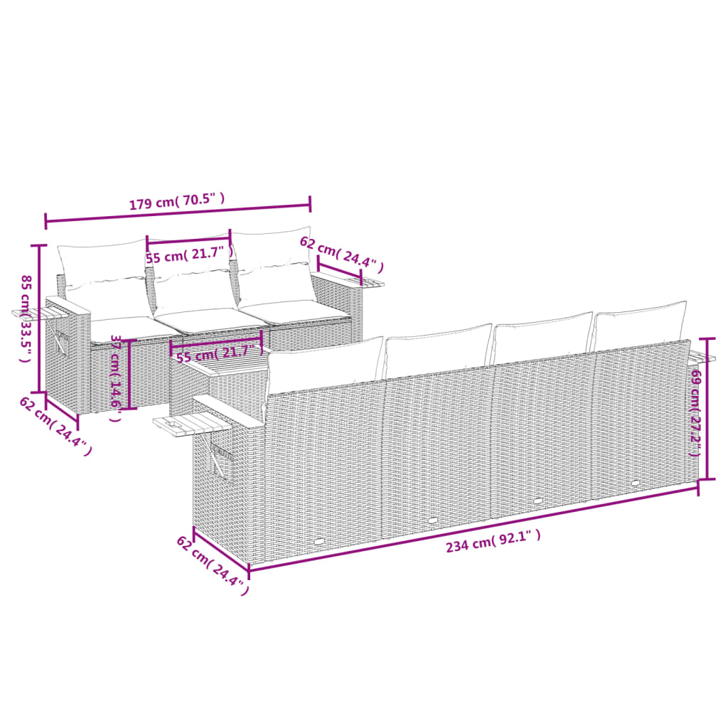 8-tlg. Garten-Sofagarnitur mit Kissen Schwarz Poly Rattan