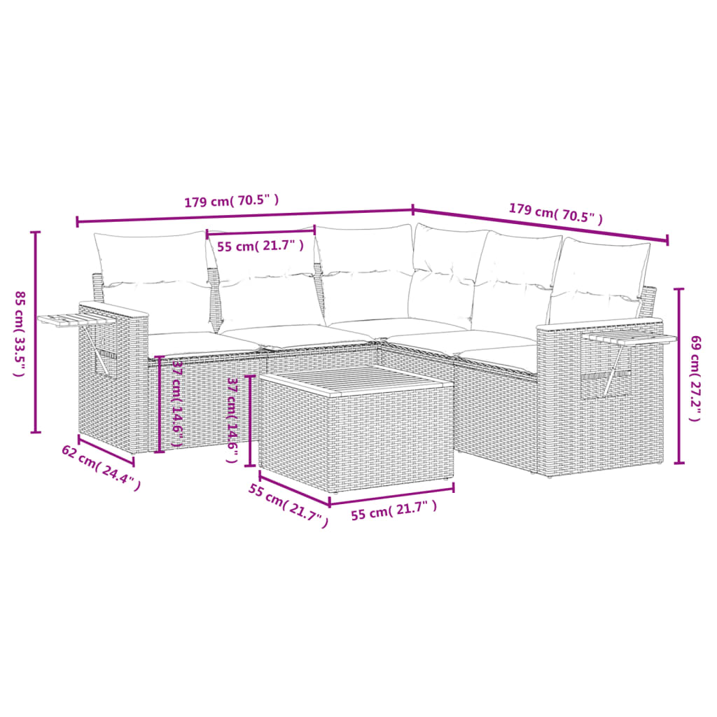6-tlg. Garten-Sofagarnitur mit Kissen Schwarz Poly Rattan