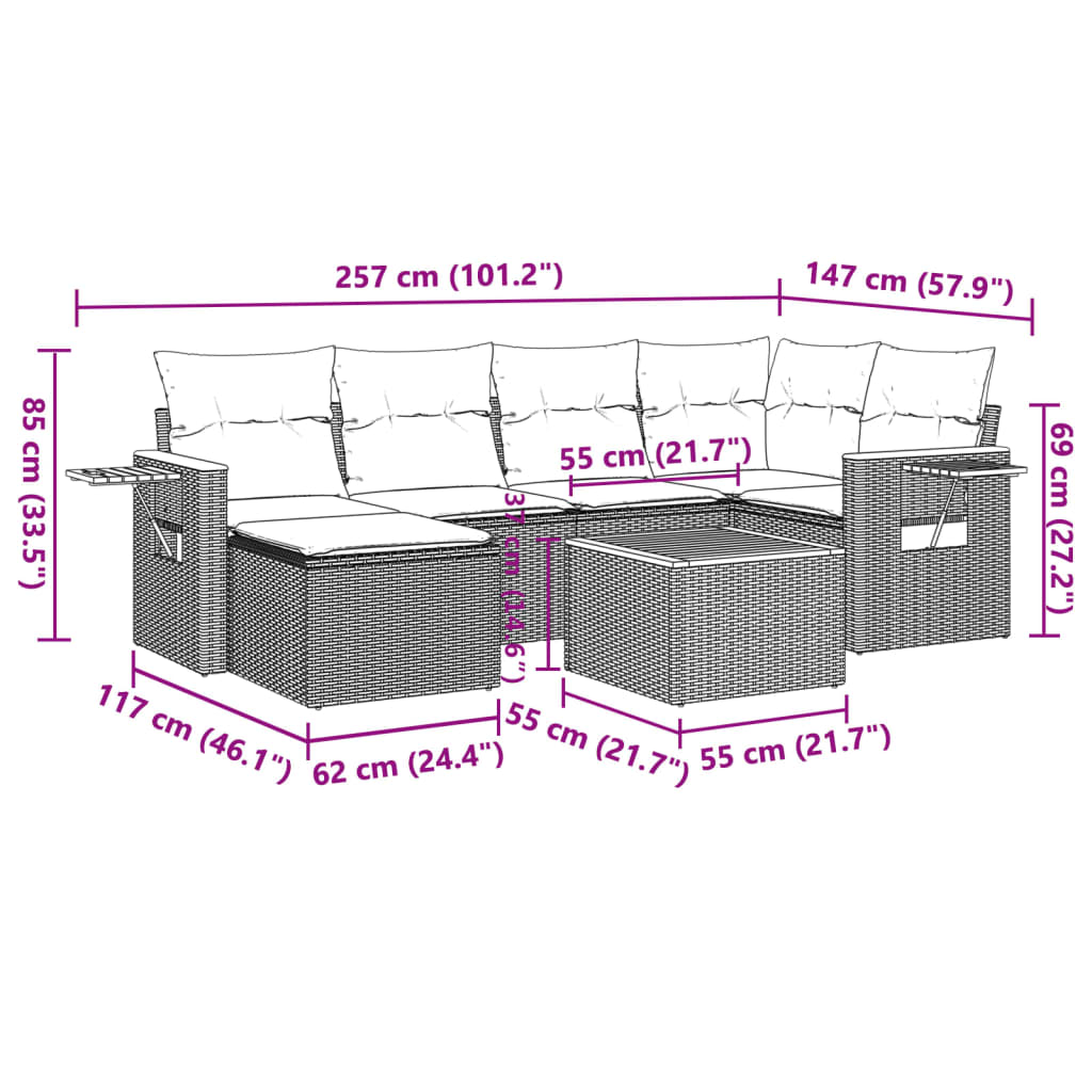7-tlg. Garten-Sofagarnitur mit Kissen Schwarz Poly Rattan