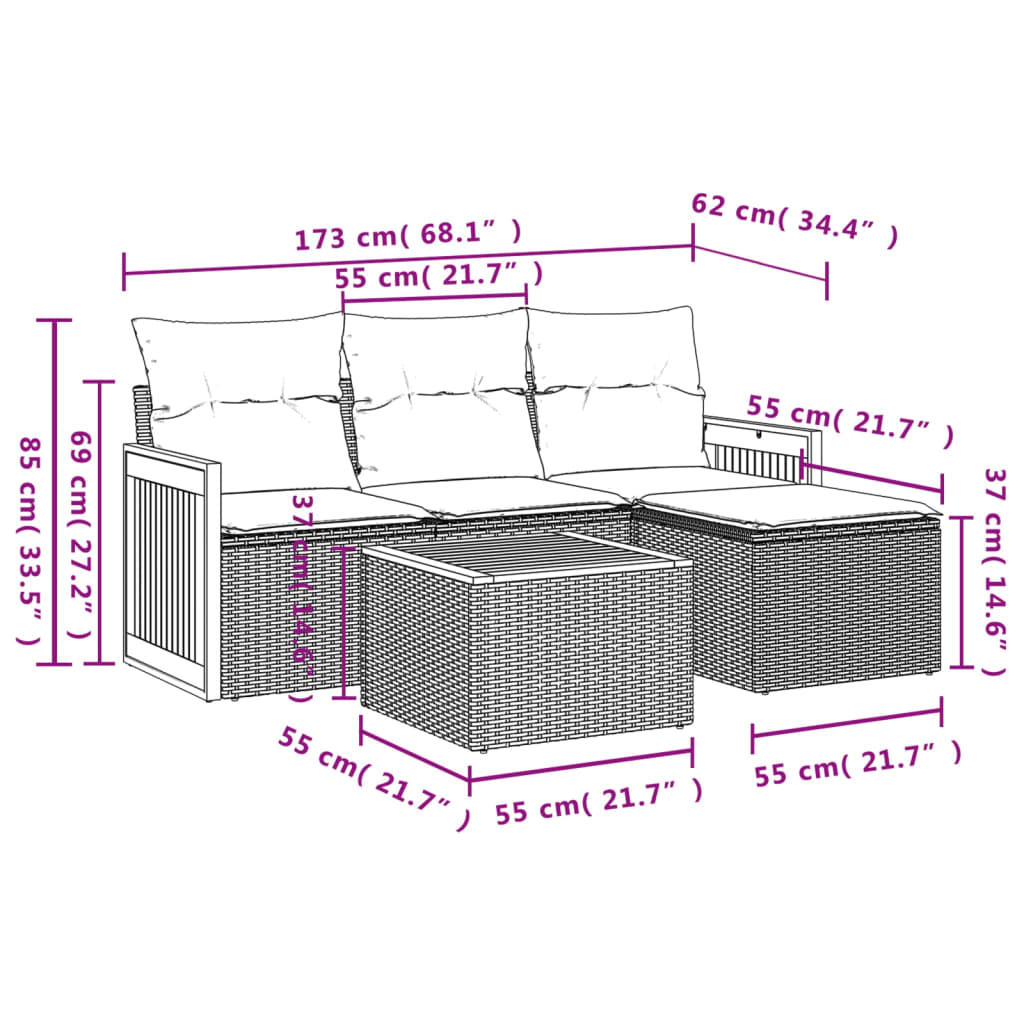 5-tlg. Garten-Sofagarnitur mit Kissen Beige Poly Rattan