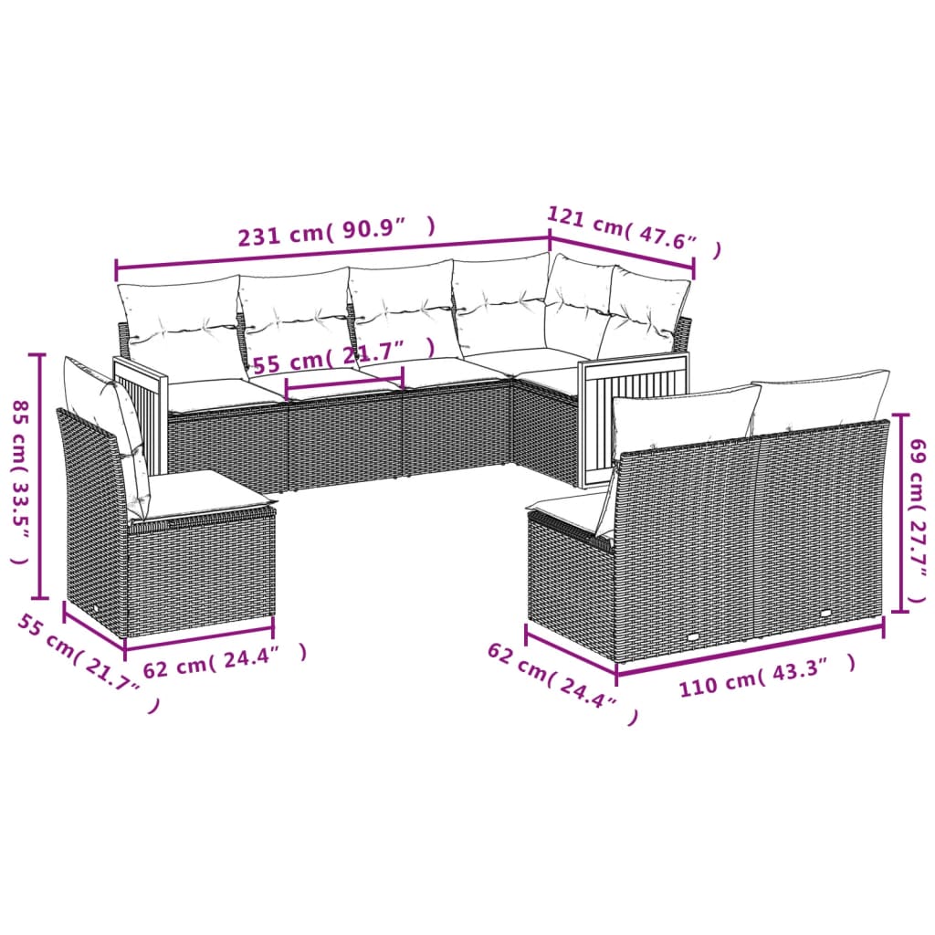 8-tlg. Garten-Sofagarnitur mit Kissen Beige Poly Rattan