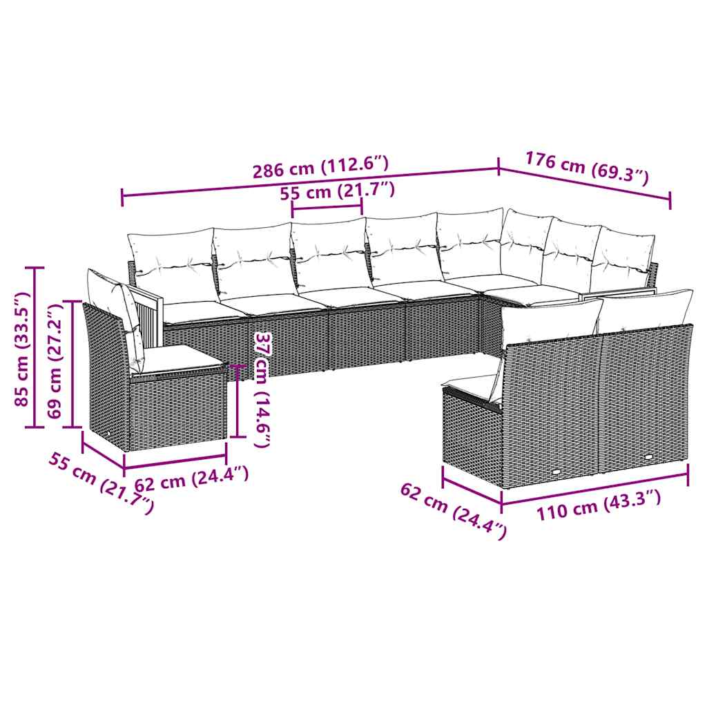 10-tlg. Garten-Sofagarnitur mit Kissen Schwarz Poly Rattan