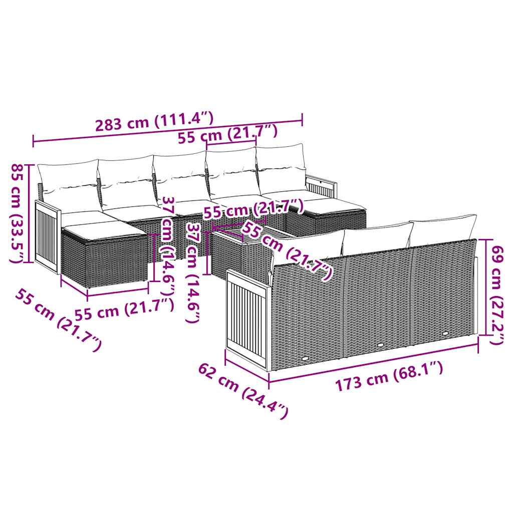 11-tlg. Garten-Sofagarnitur mit Kissen Schwarz Poly Rattan