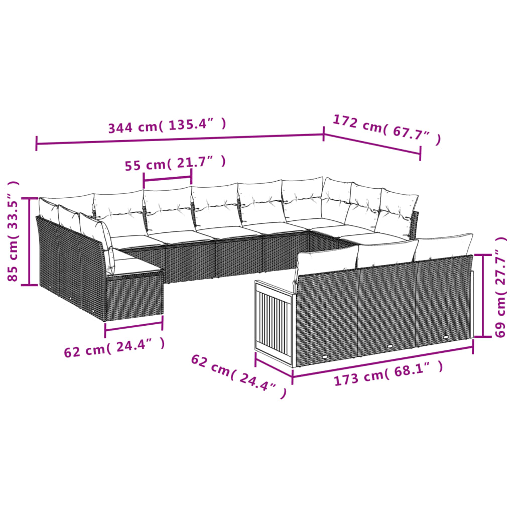 13-tlg. Garten-Sofagarnitur mit Kissen Schwarz Poly Rattan