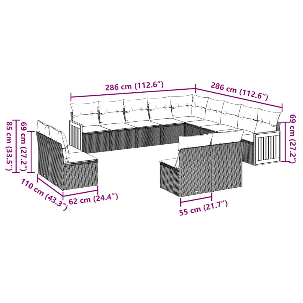 13-tlg. Garten-Sofagarnitur mit Kissen Schwarz Poly Rattan