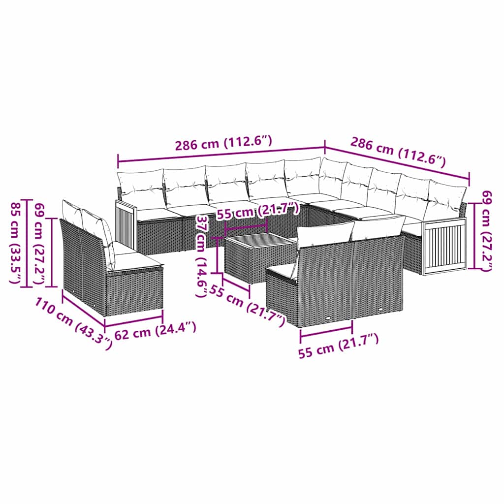 14-tlg. Garten-Sofagarnitur mit Kissen Schwarz Poly Rattan