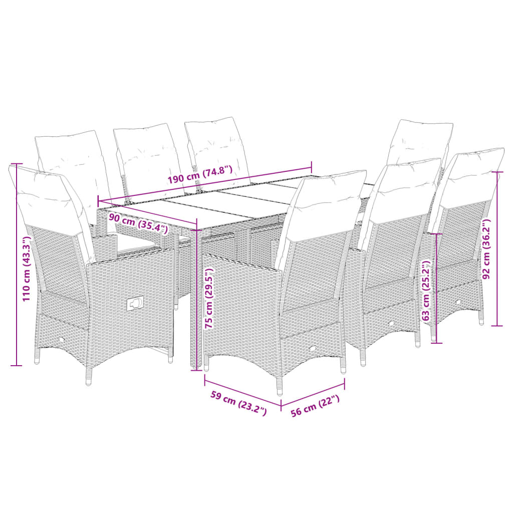9-tlg. Garten-Essgruppe mit Kissen Grau Poly Rattan
