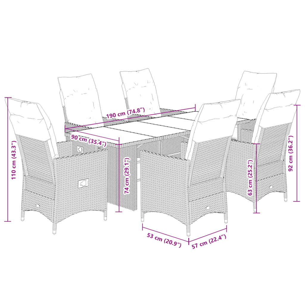 7-tlg. Garten-Essgruppe mit Kissen Grau Poly Rattan