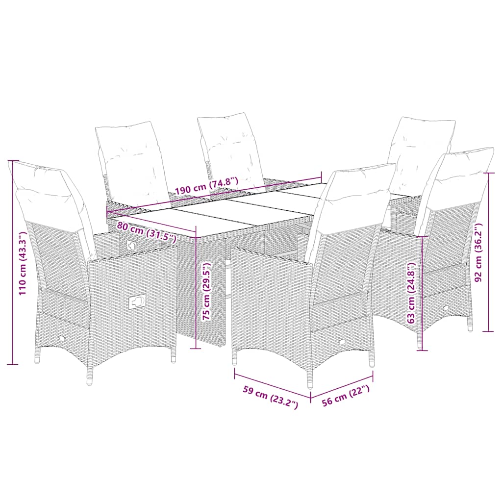 7-tlg. Garten-Essgruppe mit Kissen Braun Poly Rattan