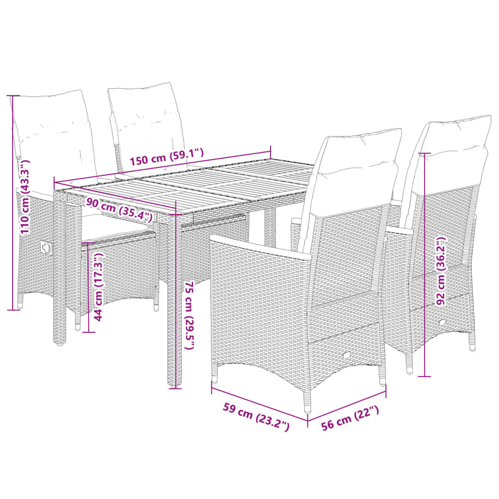 5-tlg. Garten-Essgruppe mit Kissen Grau Poly Rattan