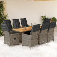 9-tlg. Garten-Bistro-Set mit Kissen Grau Poly Rattan