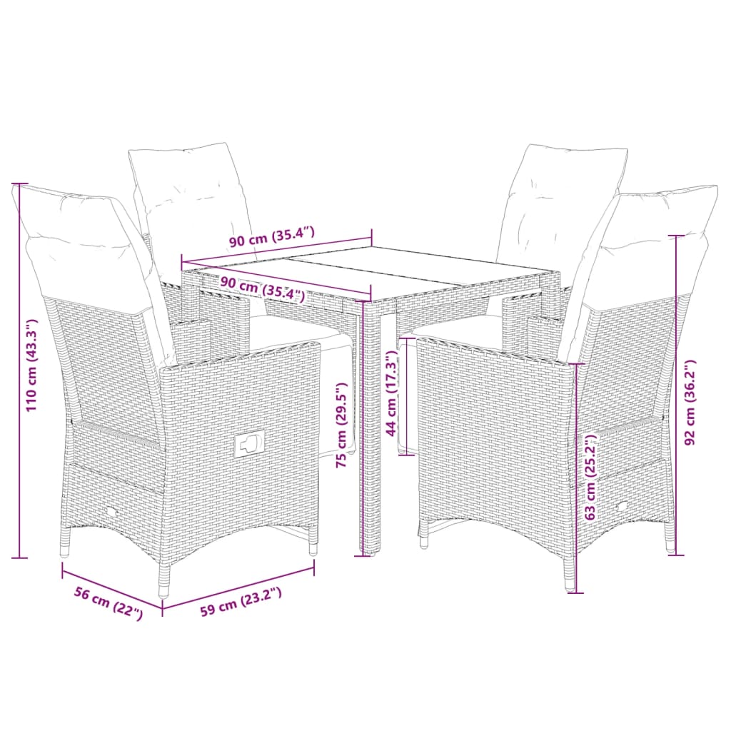 5-tlg. Garten-Bistro-Set mit Kissen Braun Poly Rattan