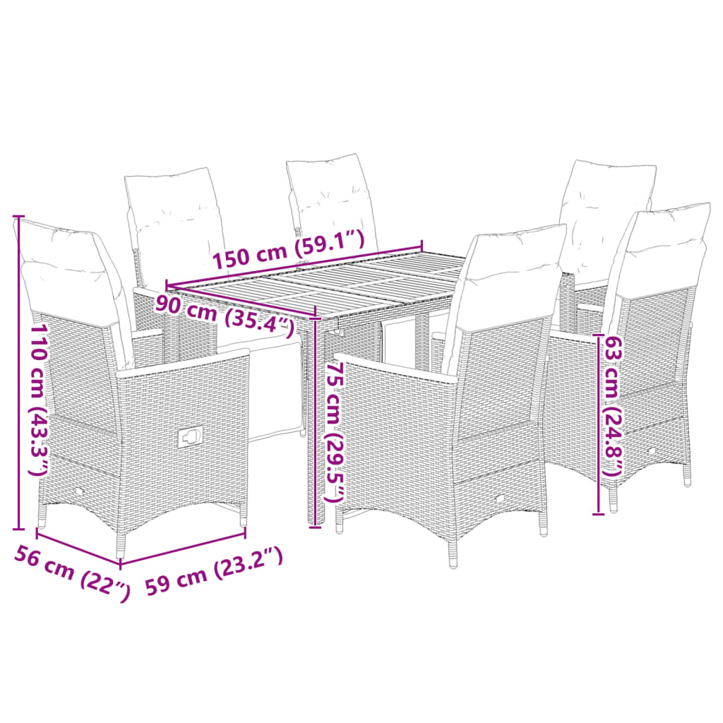 7-tlg. Garten-Bistro-Set mit Kissen Grau Poly Rattan