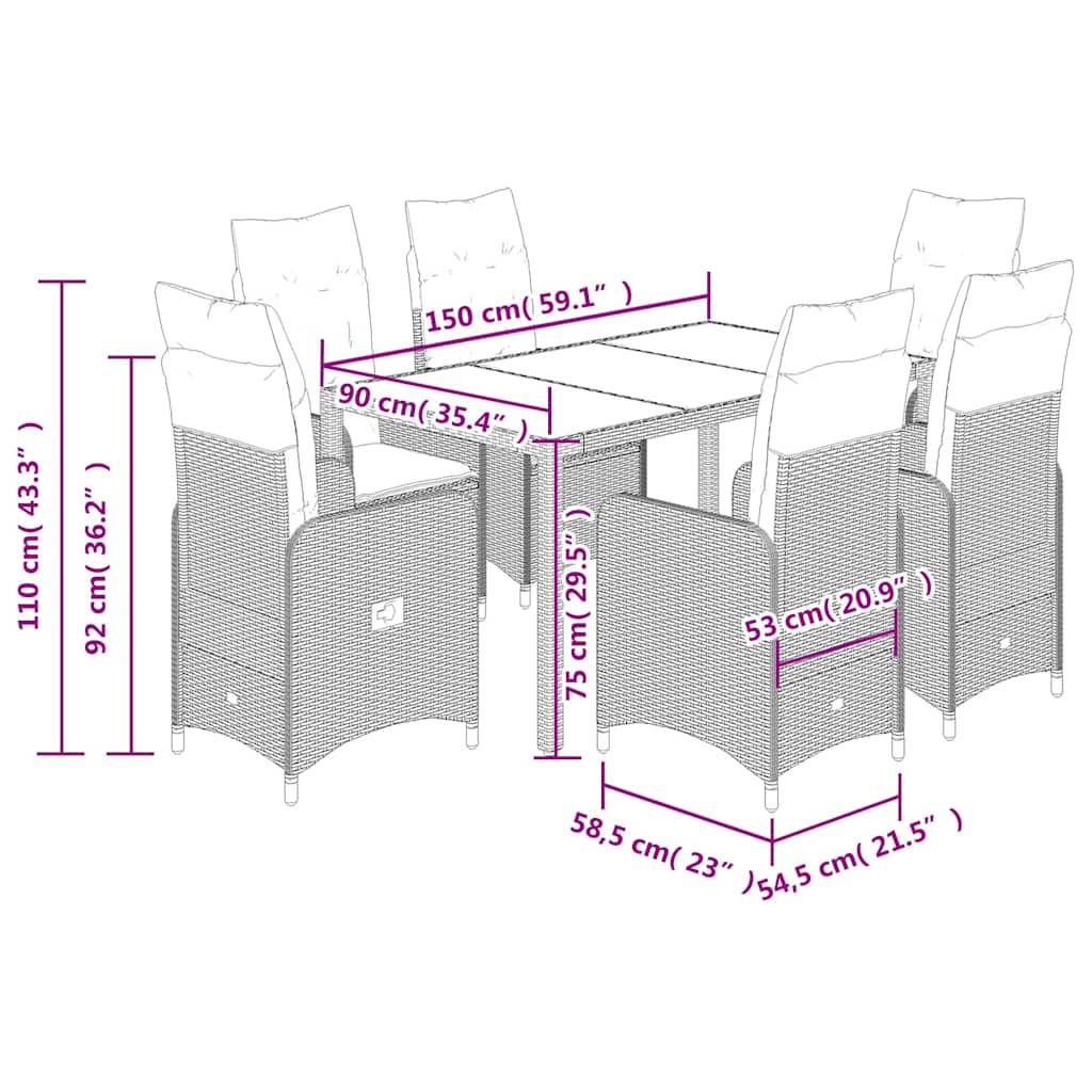 7-tlg. Garten-Bistro-Set mit Kissen Grau Poly Rattan