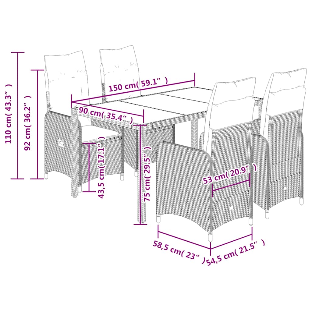 5-tlg. Garten-Bistro-Set mit Kissen Braun Poly Rattan