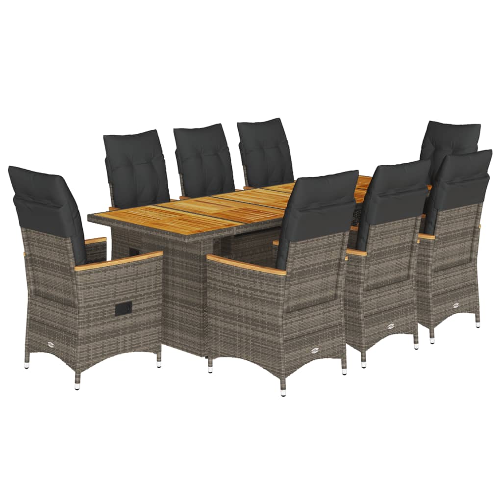 9-tlg. Garten-Bistro-Set mit Kissen Grau Poly Rattan