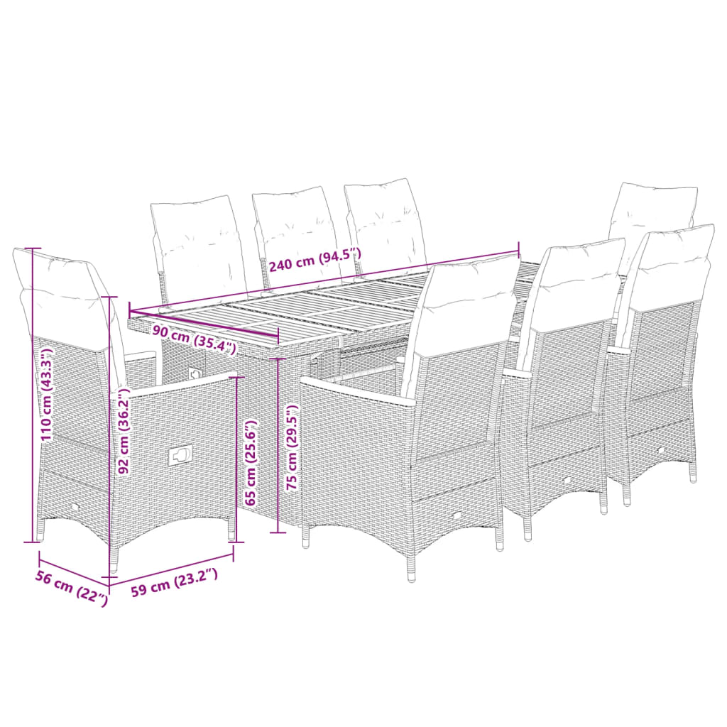 9-tlg. Garten-Bistro-Set mit Kissen Grau Poly Rattan