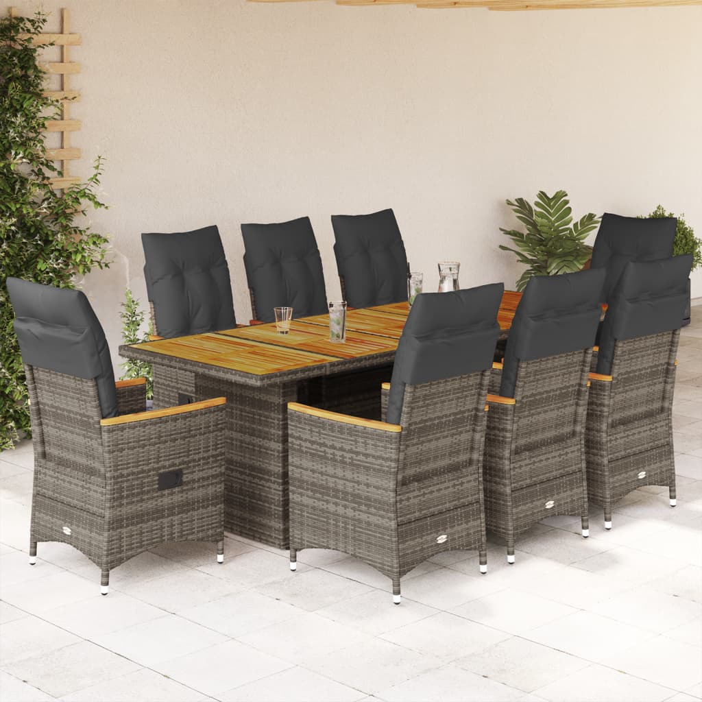 9-tlg. Garten-Bistro-Set mit Kissen Grau Poly Rattan