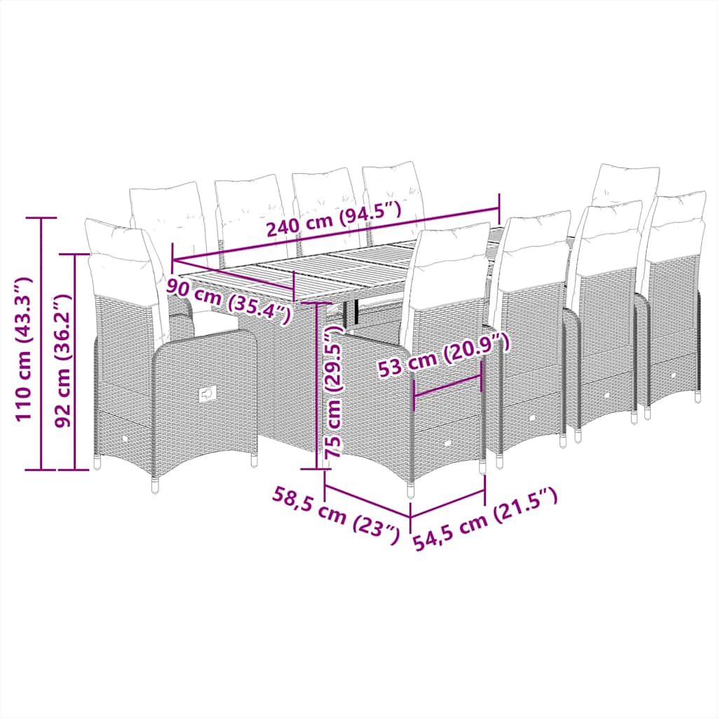 11-tlg. Garten-Bistro-Set mit Kissen Grau Poly Rattan