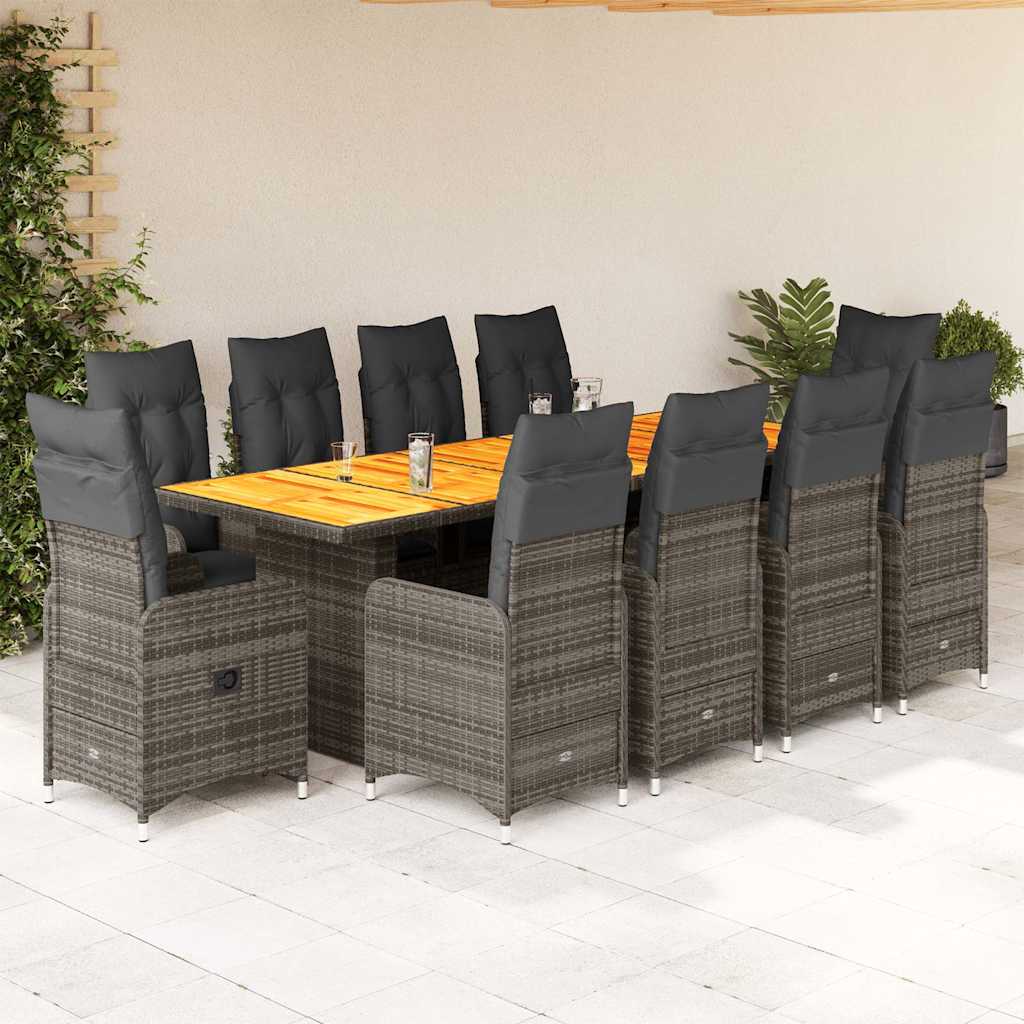 11-tlg. Garten-Bistro-Set mit Kissen Grau Poly Rattan