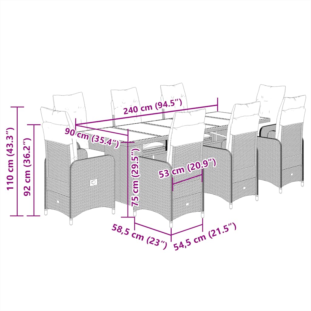 9-tlg. Garten-Bistro-Set mit Kissen Beige Poly Rattan