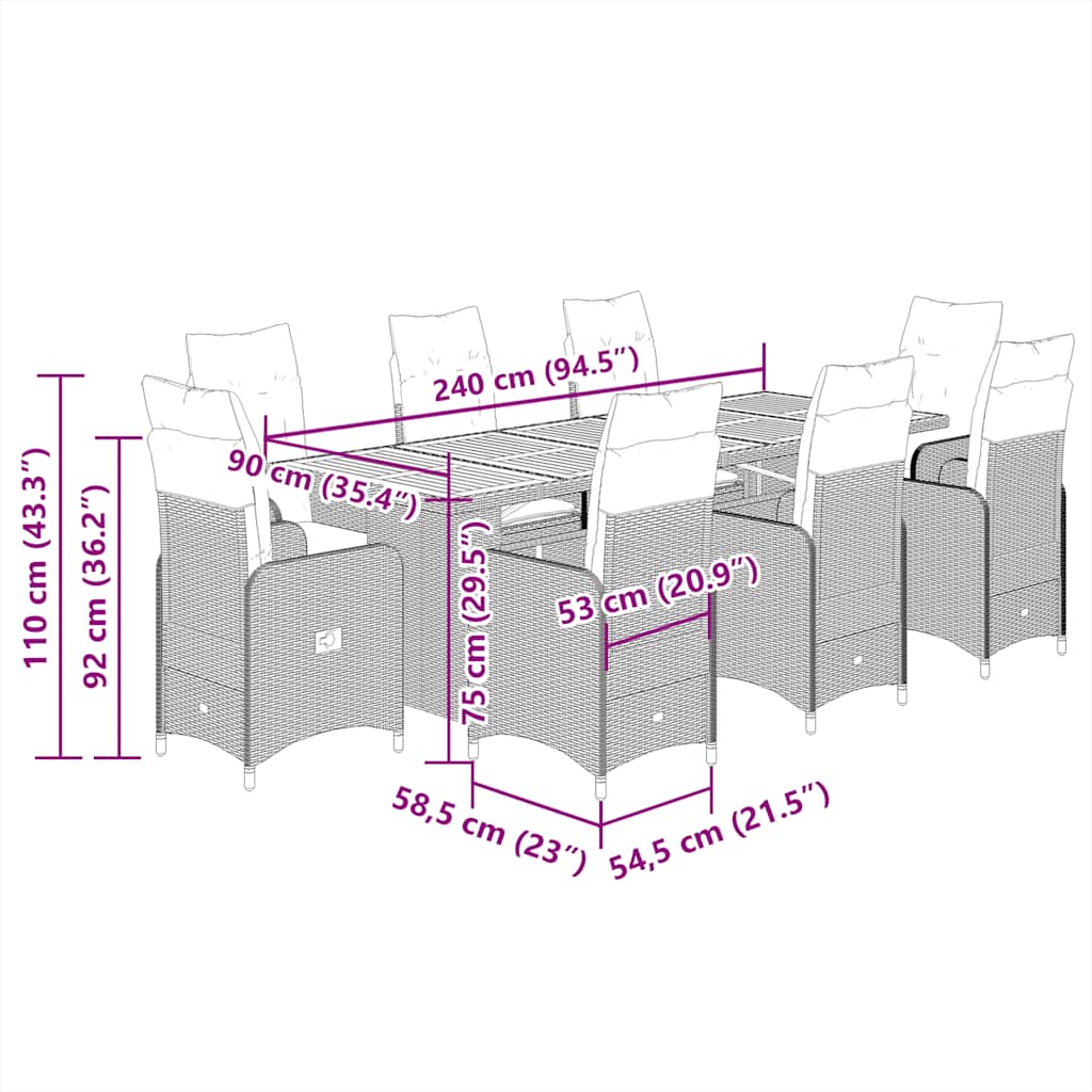 9-tlg. Garten-Bistro-Set mit Kissen Schwarz Poly Rattan