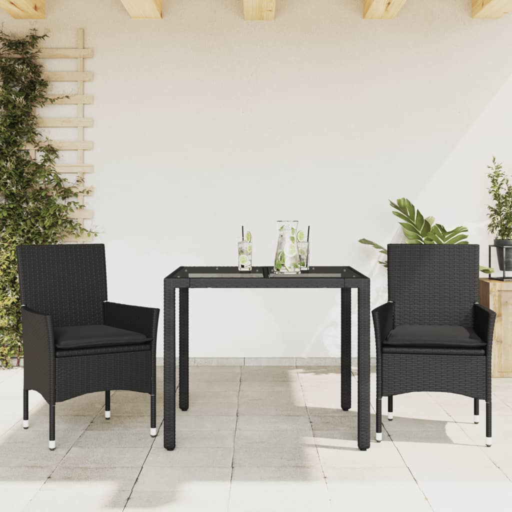 3-tlg. Garten-Essgruppe mit Kissen Schwarz Poly Rattan Glas