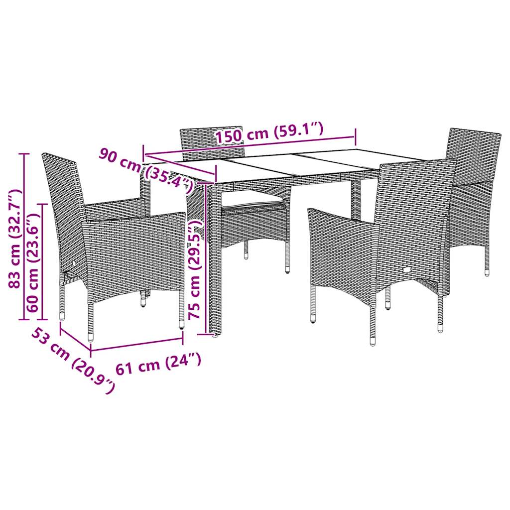 5-tlg. Garten-Essgruppe mit Kissen Hellgrau Poly Rattan Glas