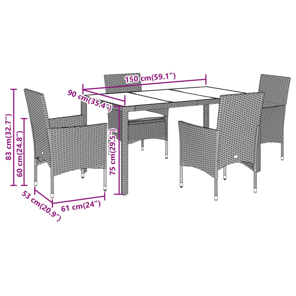 5-tlg. Garten-Essgruppe mit Kissen Weiß Poly Rattan und Glas