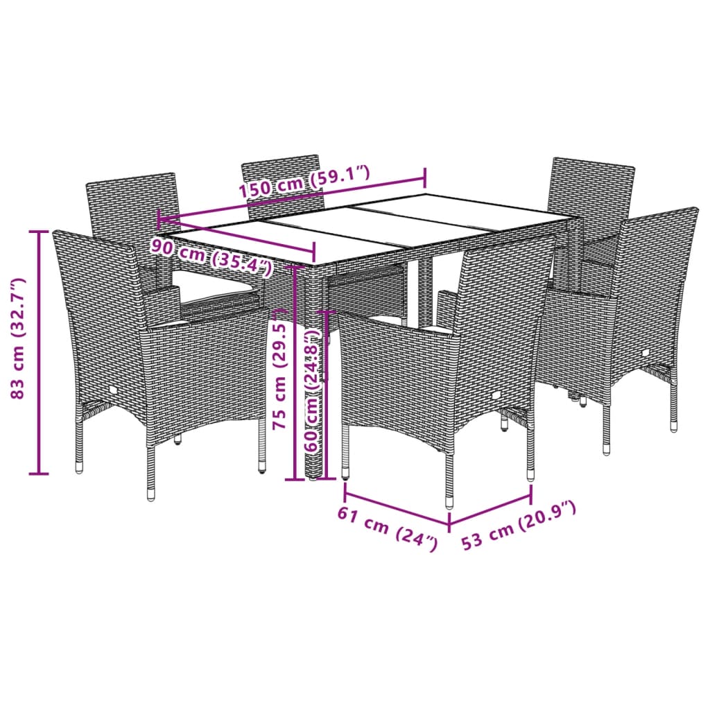 7-tlg. Garten-Essgruppe mit Kissen Weiß Poly Rattan und Glas